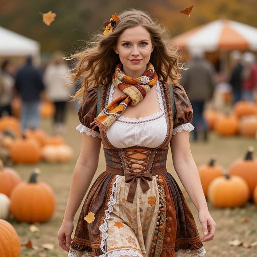 Photograph of a smiling woman with wavy brown hair, wearing a brown and white Oktoberfest-style dress with lace, scarf, and autumn leaves,
