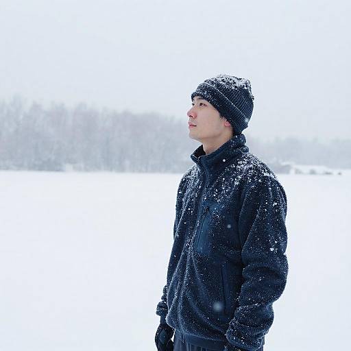 Photograph of a young man in a black winter jacket and beanie, standing in a snowy field, looking up, snowflakes on his face