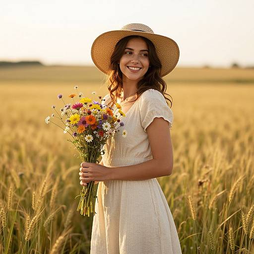 Smiling woman in a white dress and straw hat holding a colorful wildflower bouquet, standing in a golden wheat field at sunset.