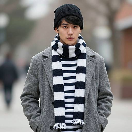 Photograph of a young Asian man with short black hair, wearing a black beanie, gray overcoat, and black-and-white striped scarf, standing