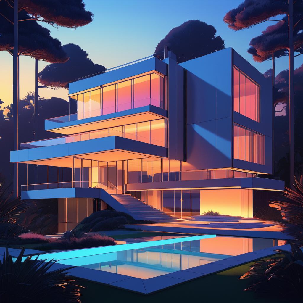 Luxurious Brutalist House at Sunset