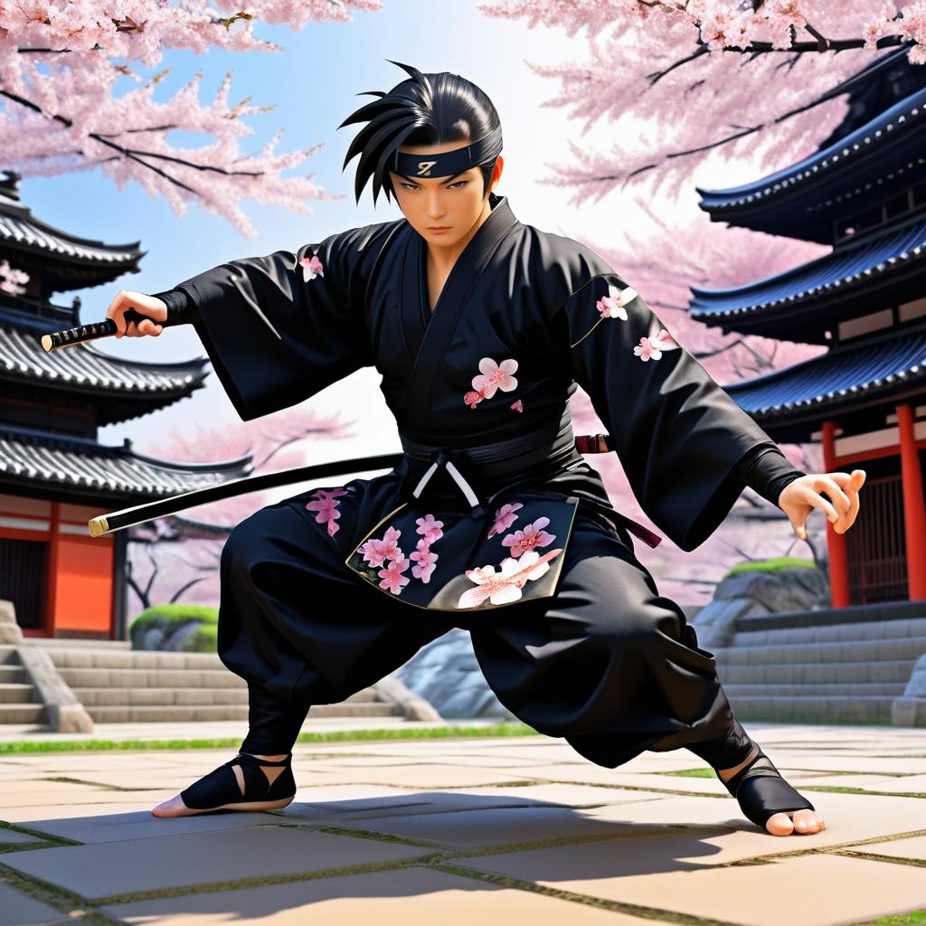 Ninja in Cherry Blossom Temple Scene