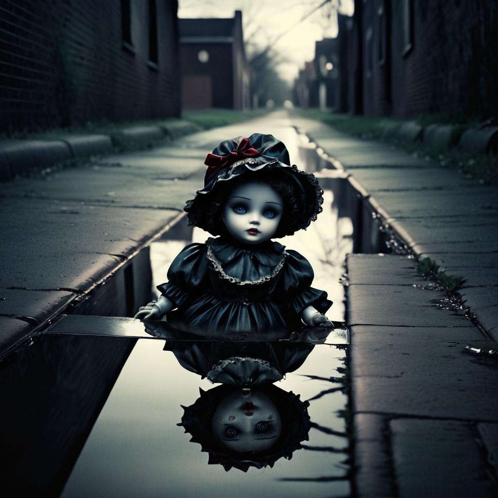 Eerie Haunted Doll in Gutter Scene