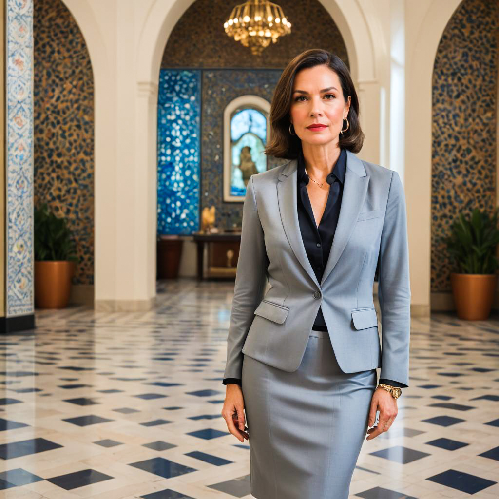 Chic Businesswoman in Museum Setting