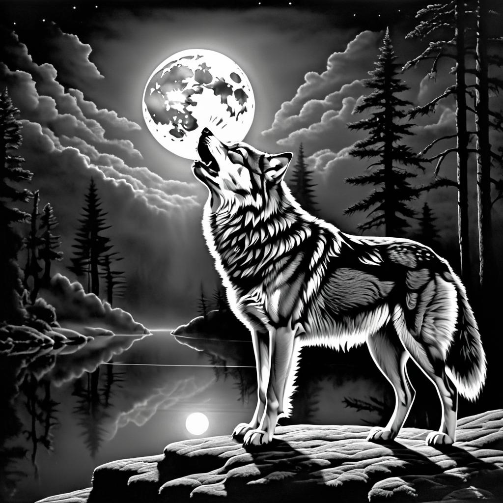 Hyperrealistic Wolf Howling at Moon