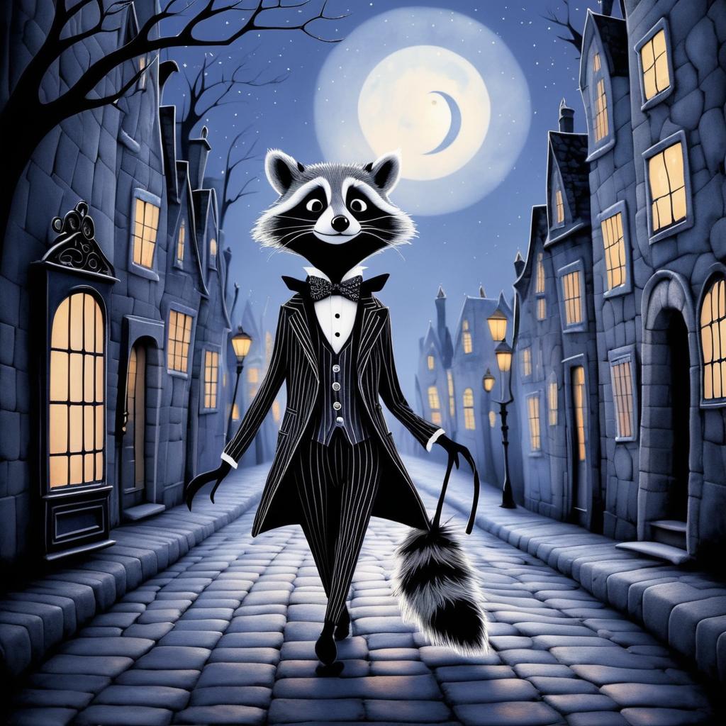 Playful Raccoon in Whimsical Twilight Scene