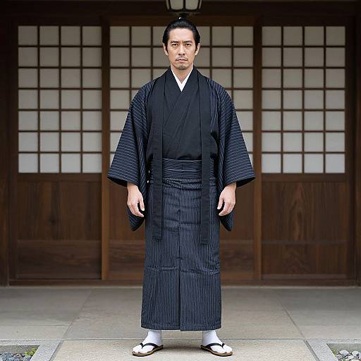 Photograph of a serious East Asian man in a black striped kimono and white socks, standing in front of traditional wooden shoji doors.