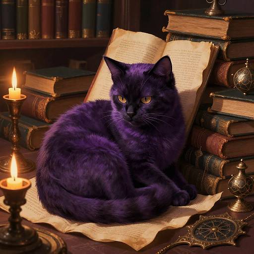 Cozy Purple Cat in Vintage Library