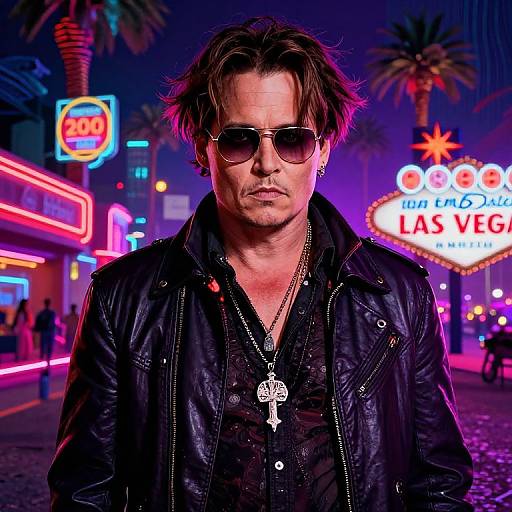 Photograph of a rugged, middle-aged man with messy brown hair, wearing sunglasses, black leather jacket, and necklace, standing in a neon-lit