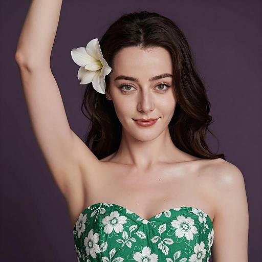 Woman in Floral Dress with White Flower