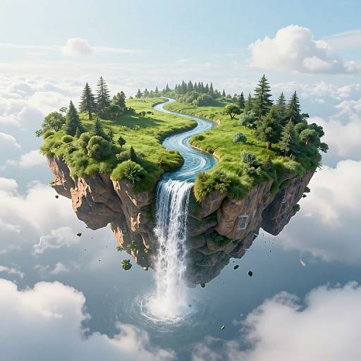 Digital artwork of a lush, floating island with a winding river, waterfall, greenery, trees, and a small house, set against a bright,