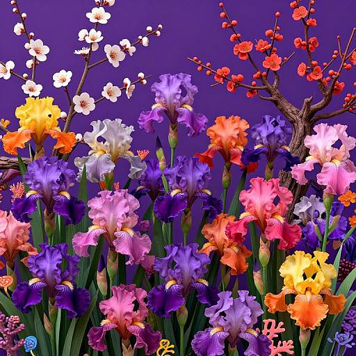 Vibrant digital illustration of a colorful garden with irises in purple, orange, pink, yellow, white, and red, alongside cherry blossoms