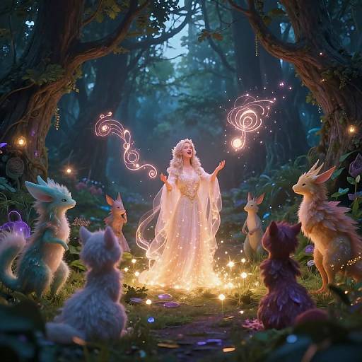 Digital fantasy artwork: Glowing fairy-like woman in flowing white dress, surrounded by magical light trails, enchanting forest creatures with glowing eyes.