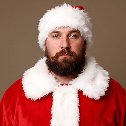 Photograph of a bearded man with fair skin, wearing a red Santa hat and red velvet coat with white fur trim, against a plain brown background