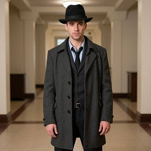 Photograph of a handsome man in a black fedora, dark gray overcoat, black suit, white shirt, and black tie, standing in a