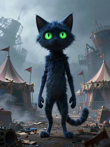 CGI image of a tall, fluffy black cat with glowing green eyes standing in a foggy, steampunk carnival with tilted tents and scattered debris