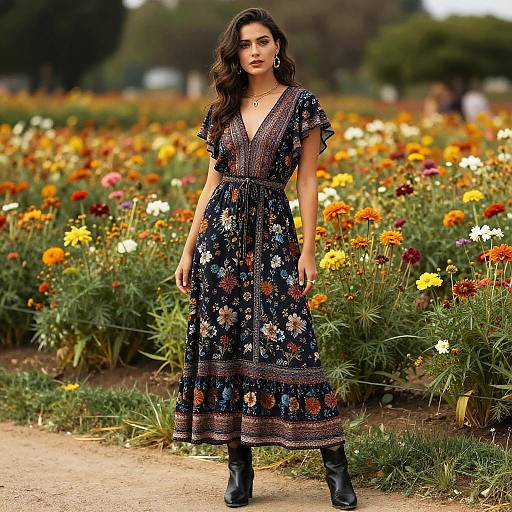 Bohemian Chic Woman in Flower Field