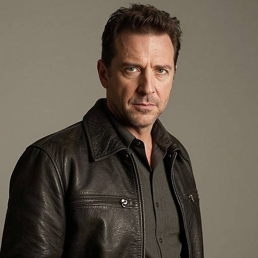 Photograph of a middle-aged, white man with short, dark hair, light stubble, and green eyes, wearing a black leather jacket over a