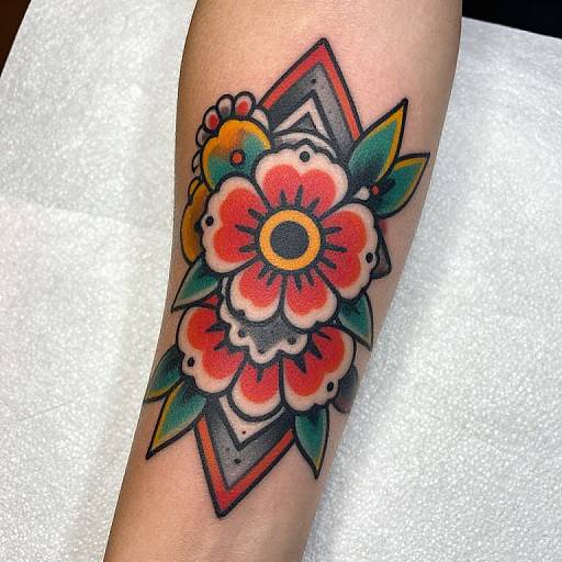 Vibrant tattoo of a red, yellow, and white flower with green leaves and geometric pattern on forearm, set on white paper.