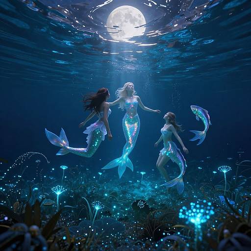 Photograph of three glowing mermaids with shimmering scales, floating underwater beneath a full moon, surrounded by bioluminescent sea plants.
