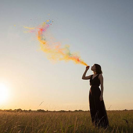 Silhouetted woman in black dress blows vibrant, rainbow-colored smoke into open field at sunset, creating a magical, ethereal effect.