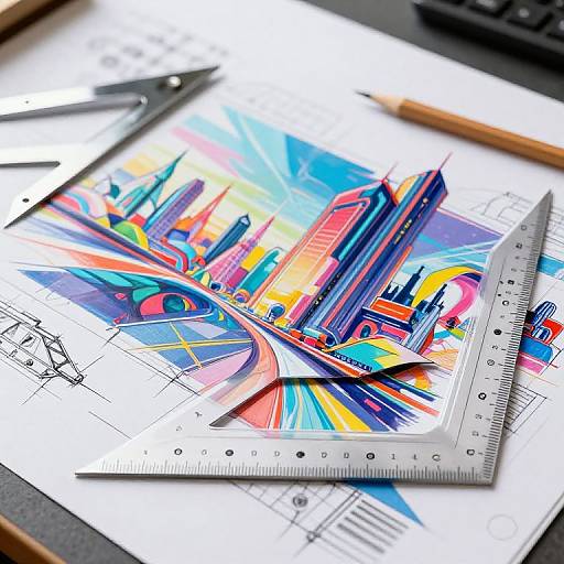 Photograph of vibrant, abstract cityscape drawing on graph paper, featuring colorful skyscrapers and buildings, with a silver protractor and pencil on top