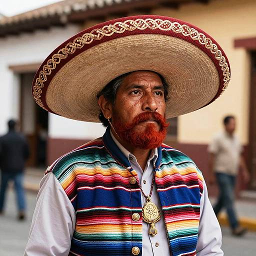 Photograph of a middle-aged man with a red beard, wearing a large straw sombrero, colorful striped vest, white shirt, and gold necklace,