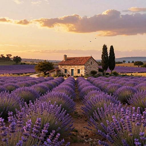 Twilight Lavender Fields with Stone Farmhouse