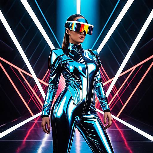Futuristic Woman in Chrome Jumpsuit with Holographic Visor