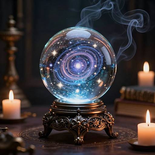 Photograph of a glowing, starry glass snow globe on an ornate black base, surrounded by lit candles and books, with wisps of smoke