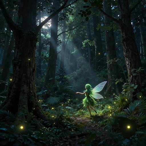 Digital fantasy artwork of a glowing green fairy with translucent wings, surrounded by ethereal fireflies in a dark, mystical forest.