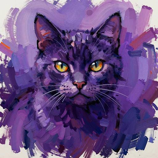 Digital painting of a purple tabby cat with striking yellow eyes, surrounded by vibrant, abstract purple and blue brushstrokes.