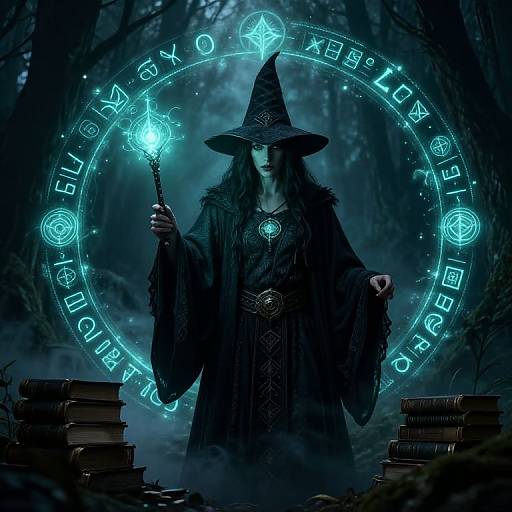 Mysterious witch with glowing blue staff, dark hat, and cloak stands in a foggy forest, surrounded by magical runes and stacks of books. Digital