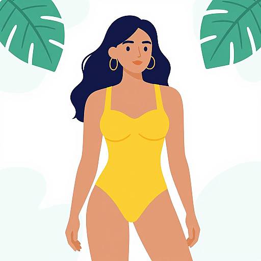 Digital illustration of a curvy woman with long dark blue hair, wearing a yellow one-piece swimsuit, large hoop earrings, and standing against a white