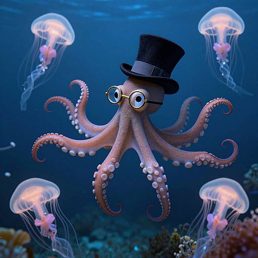 Photorealistic digital art of a pink octopus with round glasses and a black top hat, surrounded by glowing jellyfish in a blue underwater coral reef
