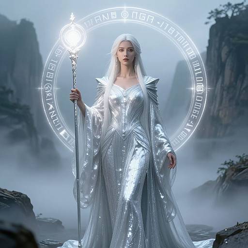 Ethereal CGI image of a silver-haired woman in a shimmering silver gown, holding a glowing staff, standing in a misty mountainous landscape