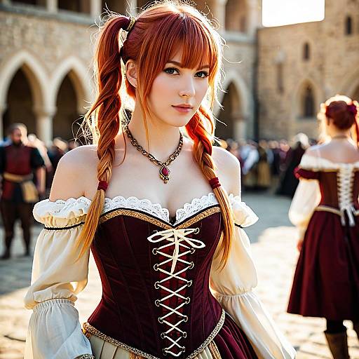 Medieval Fantasy Female Cosplayer in Burgundy Corset