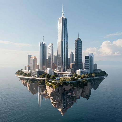 Photorealistic CGI of a floating cityscape with tall skyscrapers, including a central spire, on a rocky island surrounded by calm blue ocean