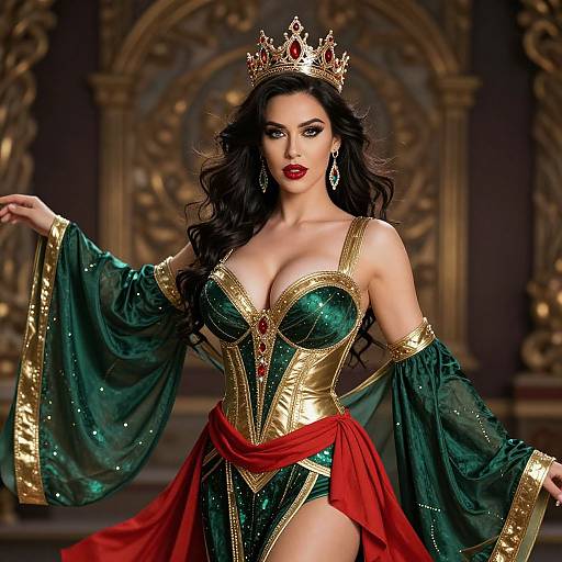 Photograph of a fair-skinned, dark-haired woman with red lipstick, wearing a green and gold corset, red sash, and jeweled