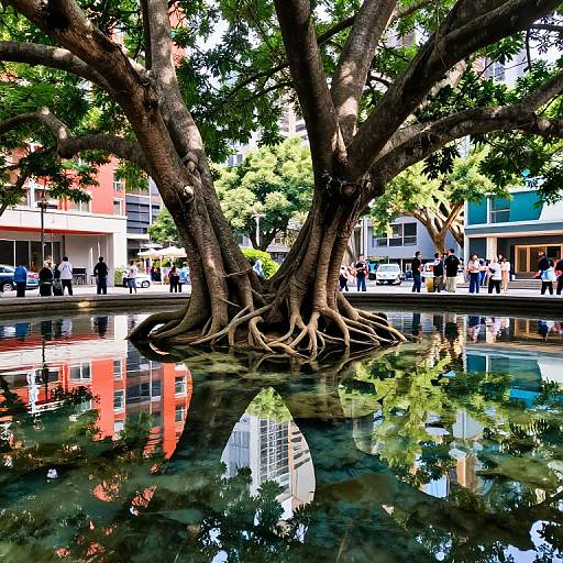Majestic Trees Over Urban Fountain