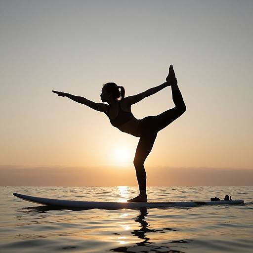 Yoga Silhouette on Surfboard at Sunrise