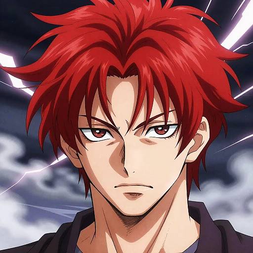 Anime-style digital drawing of a red-haired, intense-eyed young man with spiky hair, wearing a black shirt, against a stormy, lightning-filled