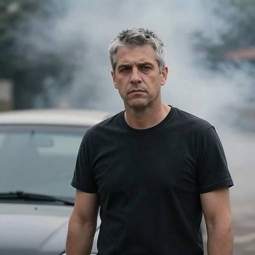 Serious Man Standing in Smoke-Filled Street