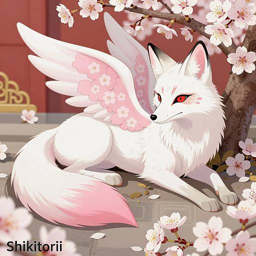 Whimsical White Fox Among Cherry Blossoms