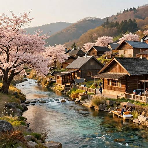 Photograph of a picturesque Japanese village with cherry blossom trees, wooden houses, a flowing river, and mountains in the background.