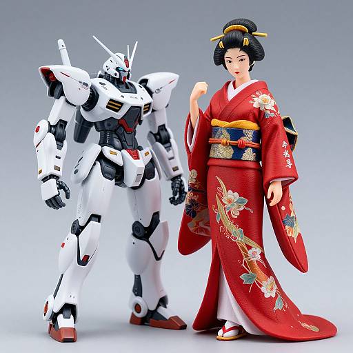Digital art of a red kimono-clad woman with black hair and traditional accessories standing beside a white and black humanoid robot.