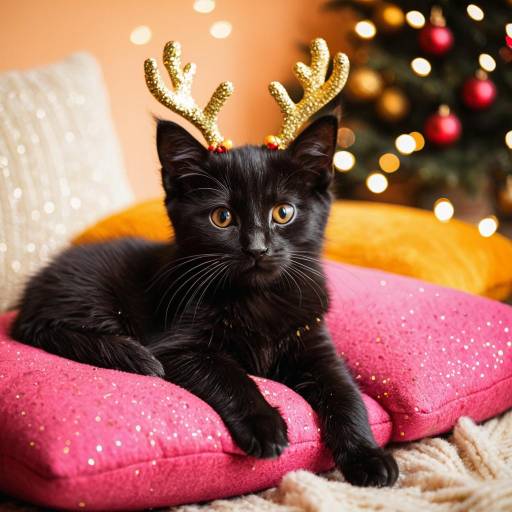 Black Kitten with Gold Reindeer Antlers