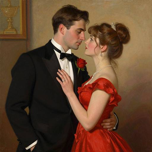 Digital painting of a romantic moment: man in black tuxedo with red rose, woman in red off-shoulder dress, touching foreheads,