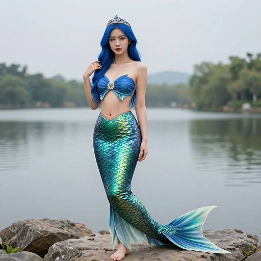 Blue-Haired Mermaid with Crown