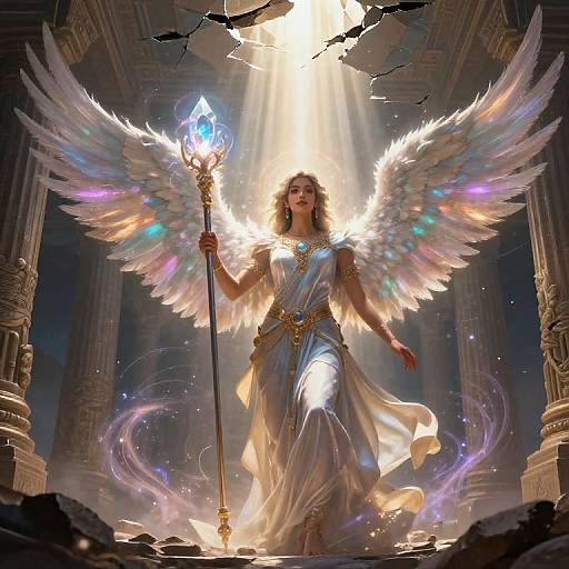 Digital artwork of an angelic woman with glowing white wings, holding a crystal-tipped staff, standing in a broken, radiant temple.